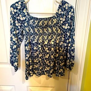 Teal white floral long sleeve blouse